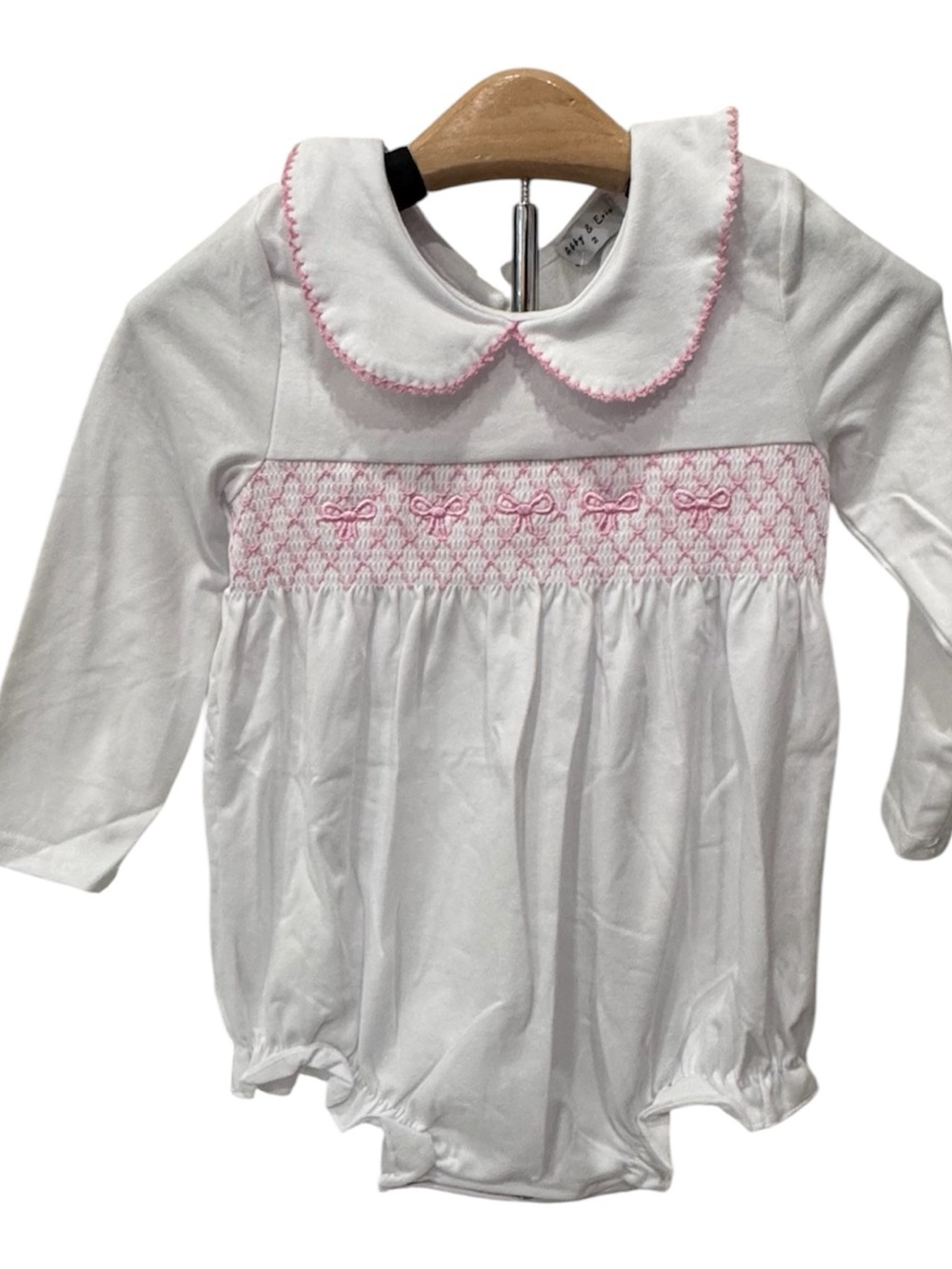 White & Pink Smocked Baby Girl Long-Sleeve Top with Peter Pan Collar